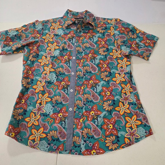 Cremieux Other - Cremieux Premium Denim Mens Medium Teal Paisley Floral Short Sleeve Button Shirt